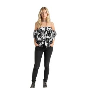 Free‎ People Top Merpati Floral Print Off-the-Shoulder Ruffled Black Cream Small
